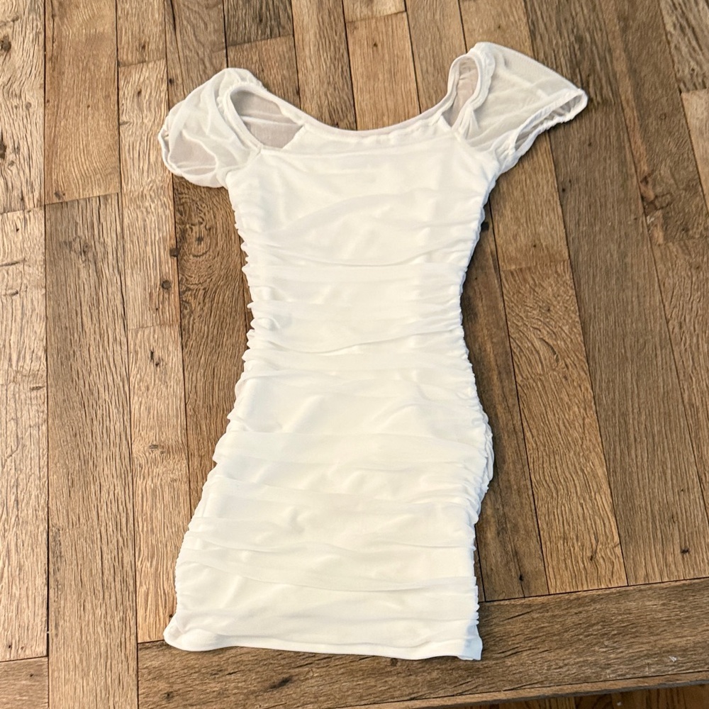 Katie J NYC White Ruched Mesh Sleeve Mini Dress